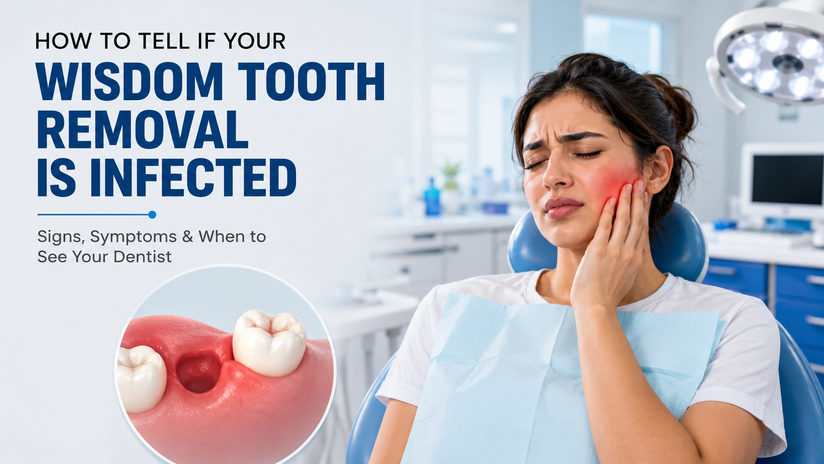 Dentist examining a patient’s healing extraction socket for signs of infection after wisdom tooth removal